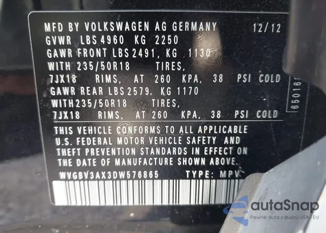 2013 Volkswagen Tiguan Se z USA, uszkodzony, nr VIN WVGBV3AX3DW576865
